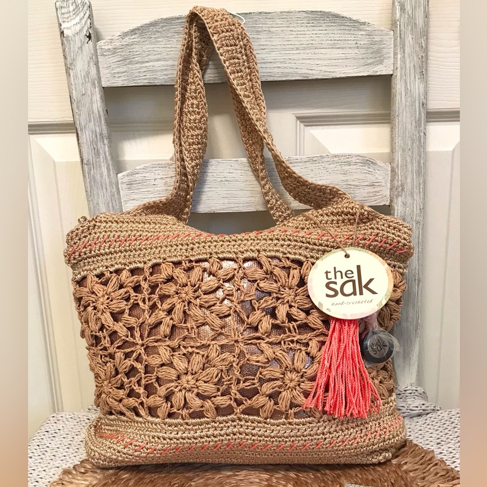 The Sak Natural Floral Crochet Handbag Coral Tassel Boho NWT